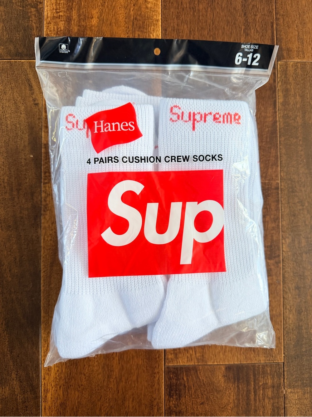 Supreme White Crew Socks with Red Logo - 4 Pack